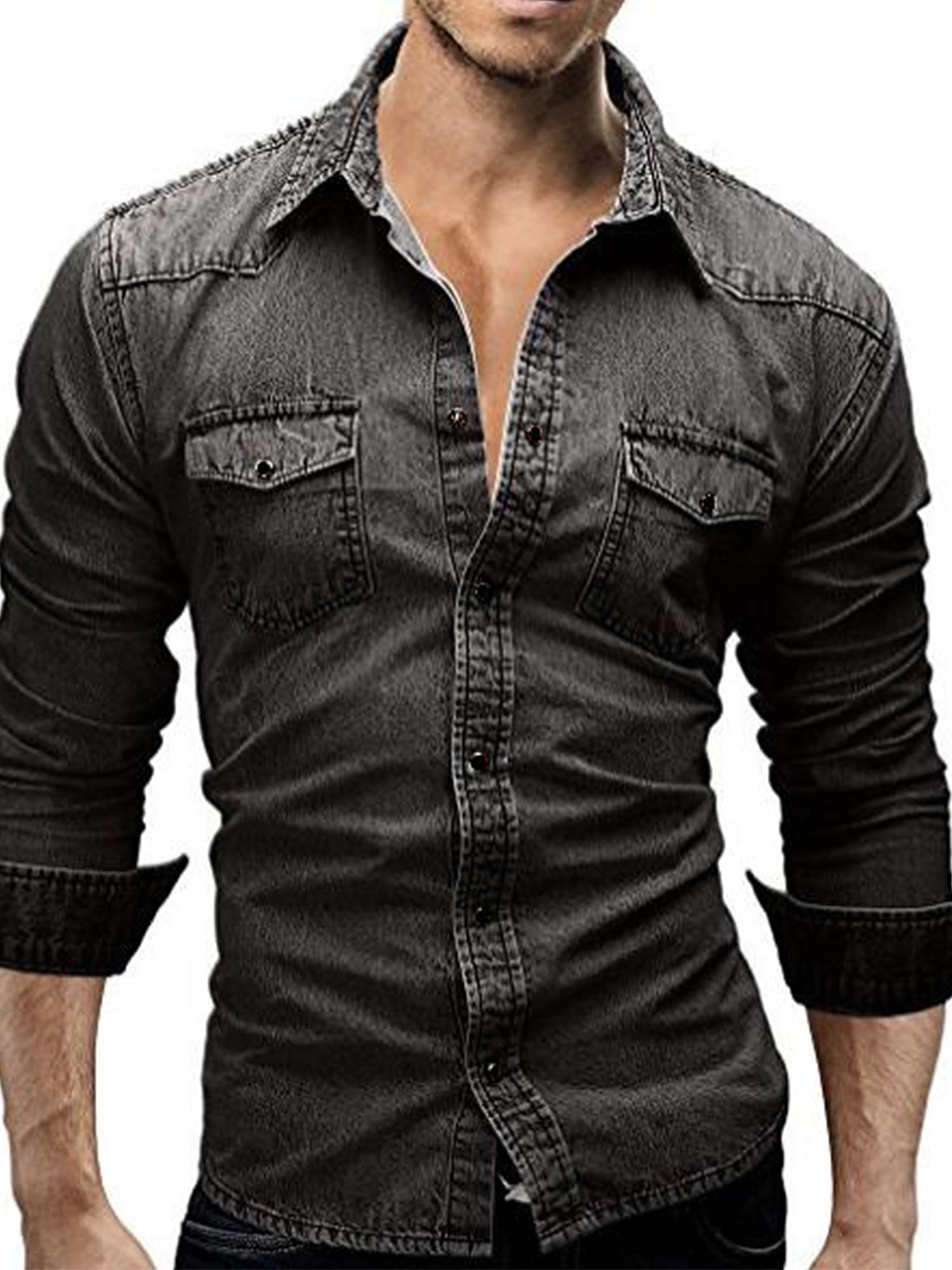 Men's Cotton Cowboy Denim Shirt Snap Button Up Long Sleeve Casual Slim ...