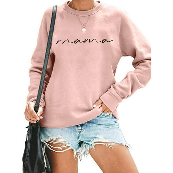 ALLTB Womens Crewneck Sweatshirt Mama Letter Print Long Sleeve Loose Fashion Pullover Top, Pink