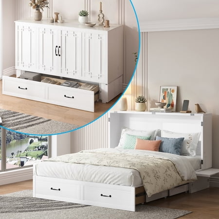 ZAFLY Solid Wood Queen Size Murphy Chest Bed with Mattress, Convertible Wall Bed into Cabinet with Drawer and Usb Charging Station for Apartment/Bed Room, White