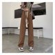thumbnail image 5 of Pantalones de pierna ancha para mujer Pantalones deportivos de pierna recta con encaje y bolsillos Pantalones casuales y sueltos Café M, 5 of 14
