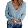 thumbnail image 2 of Going Out Tops for Women LEBONYARD Womens Sweaters Clearance under $5,Women's Casual Sexy Fashion Solid Color Sleeve V-Neck Ruched Pullover Blouse Tops Light Blue XL, 2 of 9