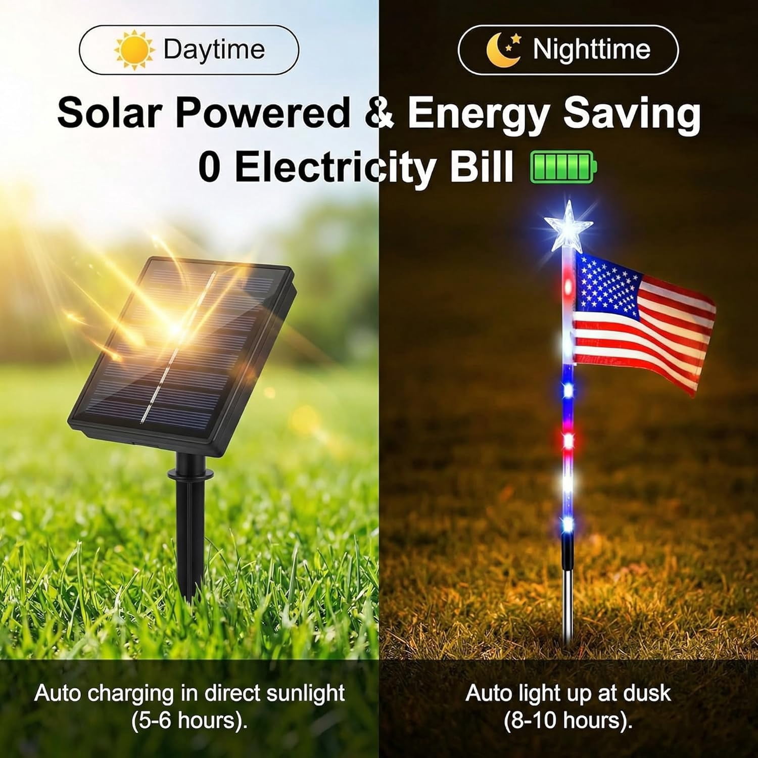 8 Piece Solar American Flag Pathway Lights, American Flag Pathway Solar Lights, IP66 Outdoor