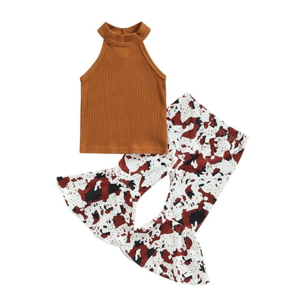 

2Pcs Kids Girls Summer Outfits Toddler Baby Casual Halterneck Tank Tops and Leopard/ Floral Flared Pants Set