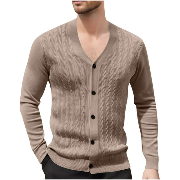 GuangCheng George Mens Cable Knit Cardigan Sweaters,V Neck,Button Up,Casual Warm Knitwear Tops,Coffee,L