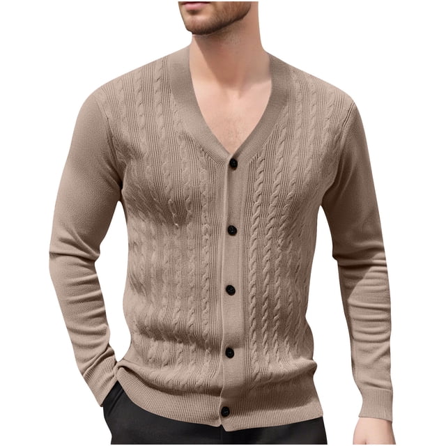 Lovzfmll Men's Knit Cardigan V-Neck Jacquard Pattern Open Front Coffee, XL