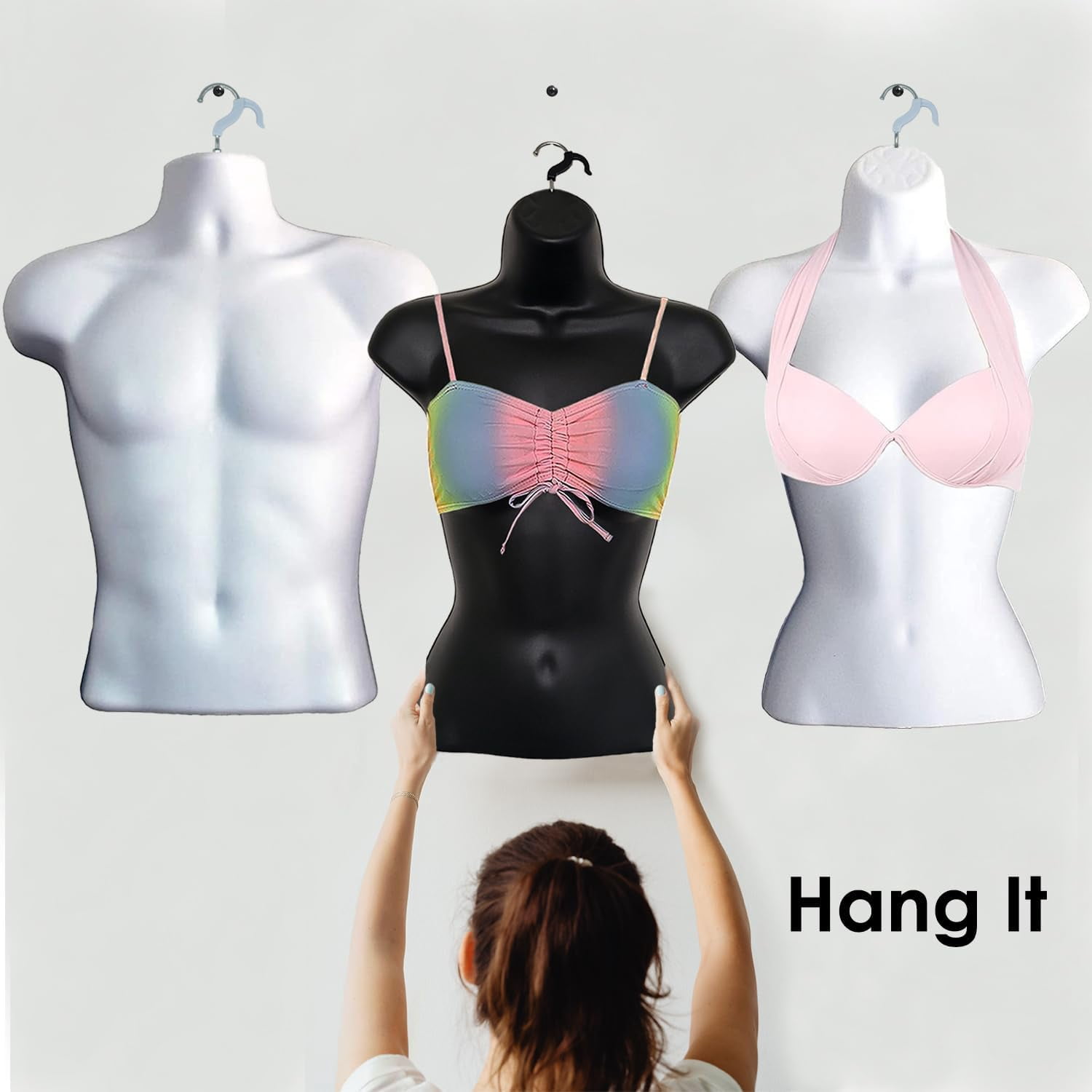DisplayTown 2 Pack White Male Mannequins Hollow Back Body Torso w/ Metal Stands with Metal Pole & Hanging Hook for Tshirt Display, S-M Sizes