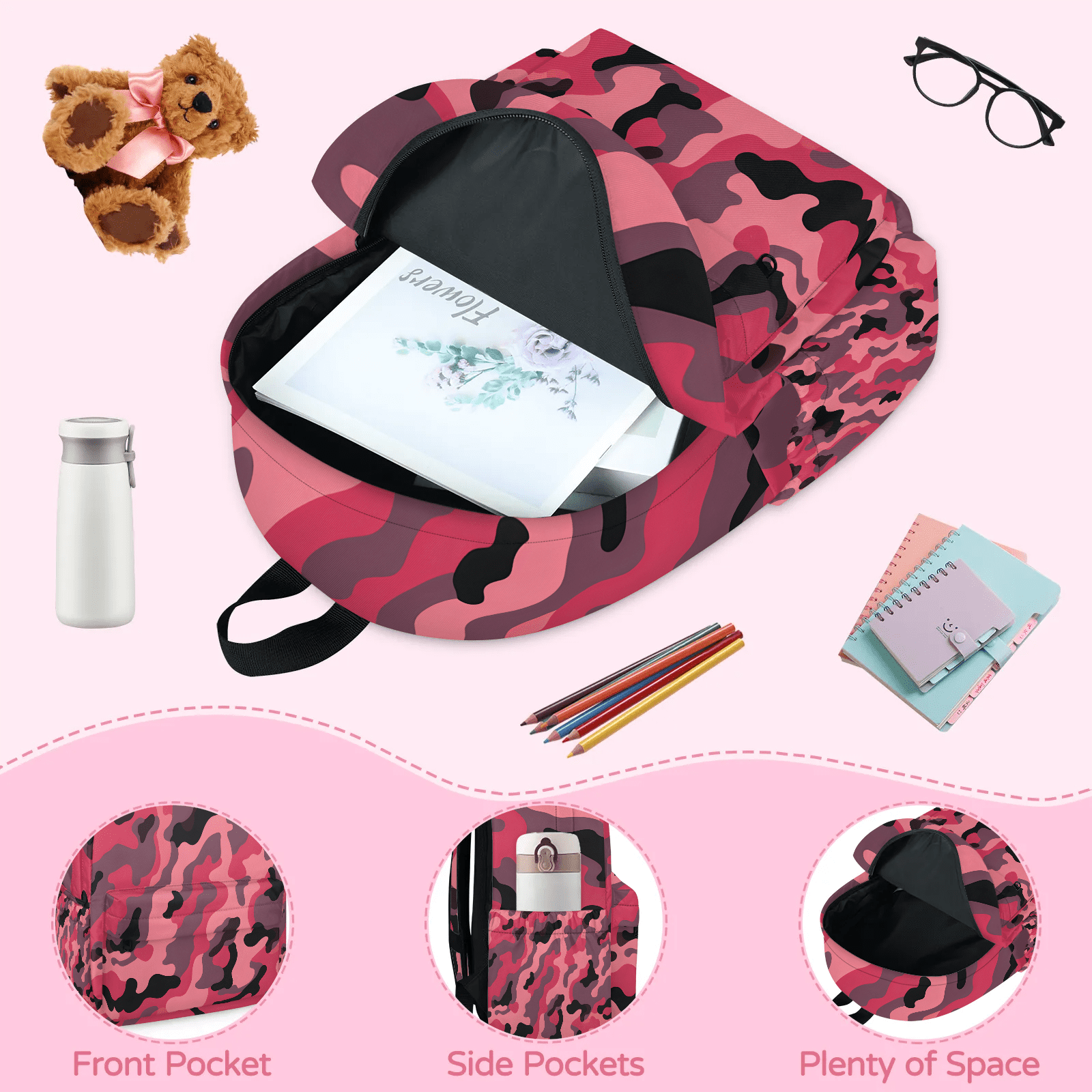 Herdesigns Pink Backpack for Men Women, Lightweight Laptop Backpack 16.3 Inch Camo Casual Daypack for Travel Work Commuter