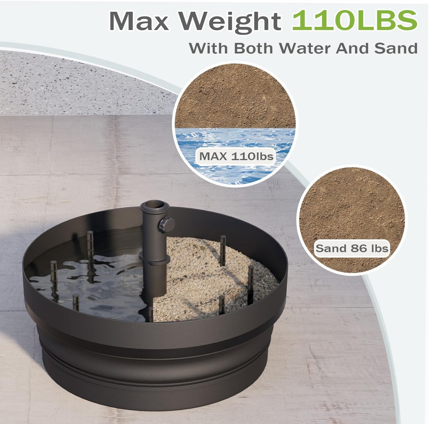 UPHYB 110lbs Outdoor Umbrella Base, Foldable Weighted Patio Umbrella Stands, HDPE Umbrella Base Suitable with 1.26''-1.89'' Pole Sizes, Heavy Duty water sand Base for Patio, Garden, Balcony