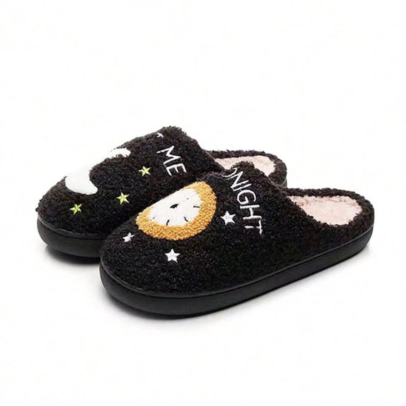 Moon & Clock Plush Slippers, Warm Indoor House Shoes for Women Men
