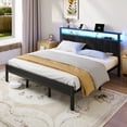 thumbnail image 3 of Kbun King Size Platform Bed Frame with Upholstered Headboard, Metal Bed Frame with LED Light, Heavy Duty Steel Slat Supported Full Bed Frames, No Box Spring Needed, Black, 3 of 8