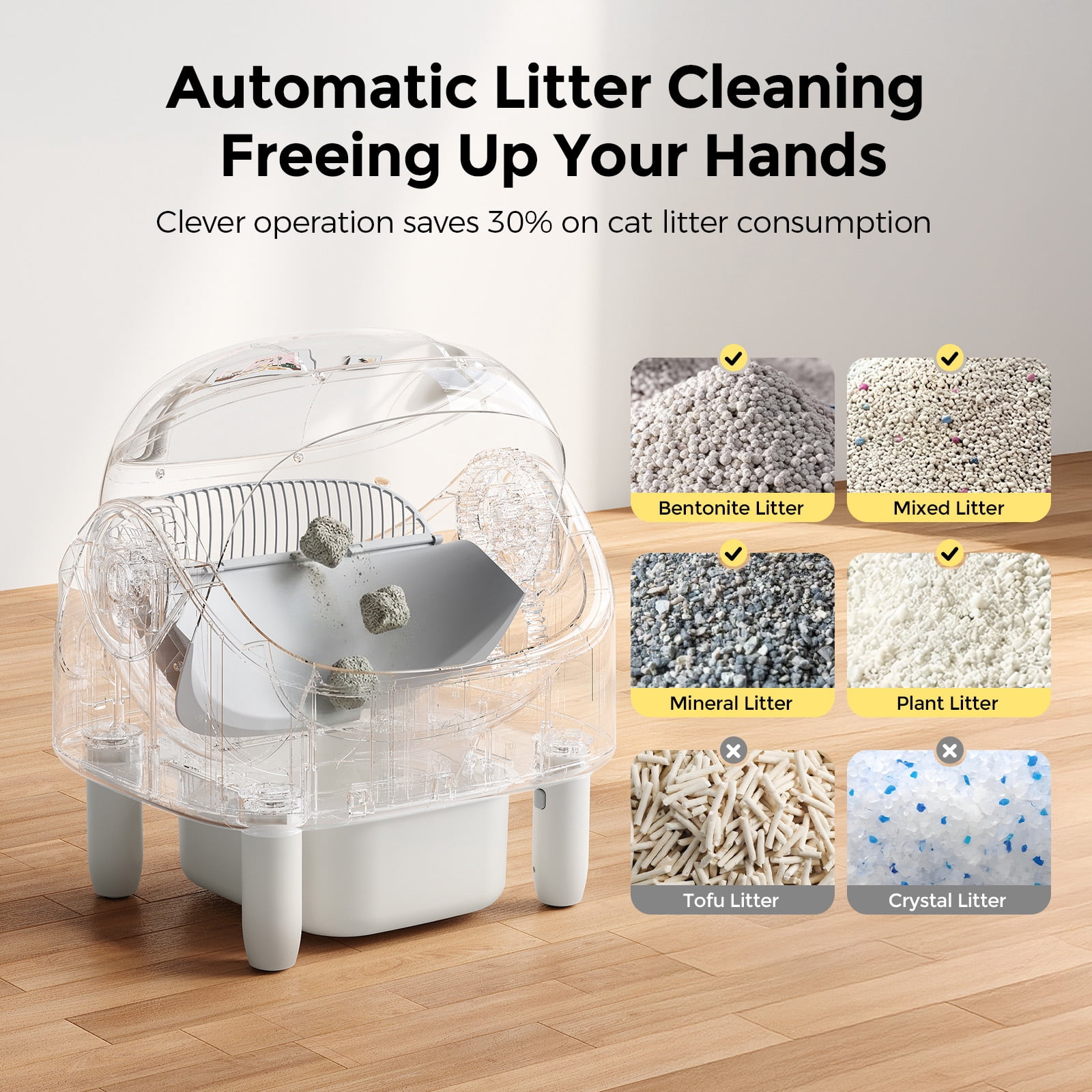 Andpety Automatic Litter Box, Self-Cleaning Cat Litter Box with Bio-Radar & 10 Safety Sensors for Anti-Pinch, Open Top Large Litter Box with App Control & Odor-Removing System, White
