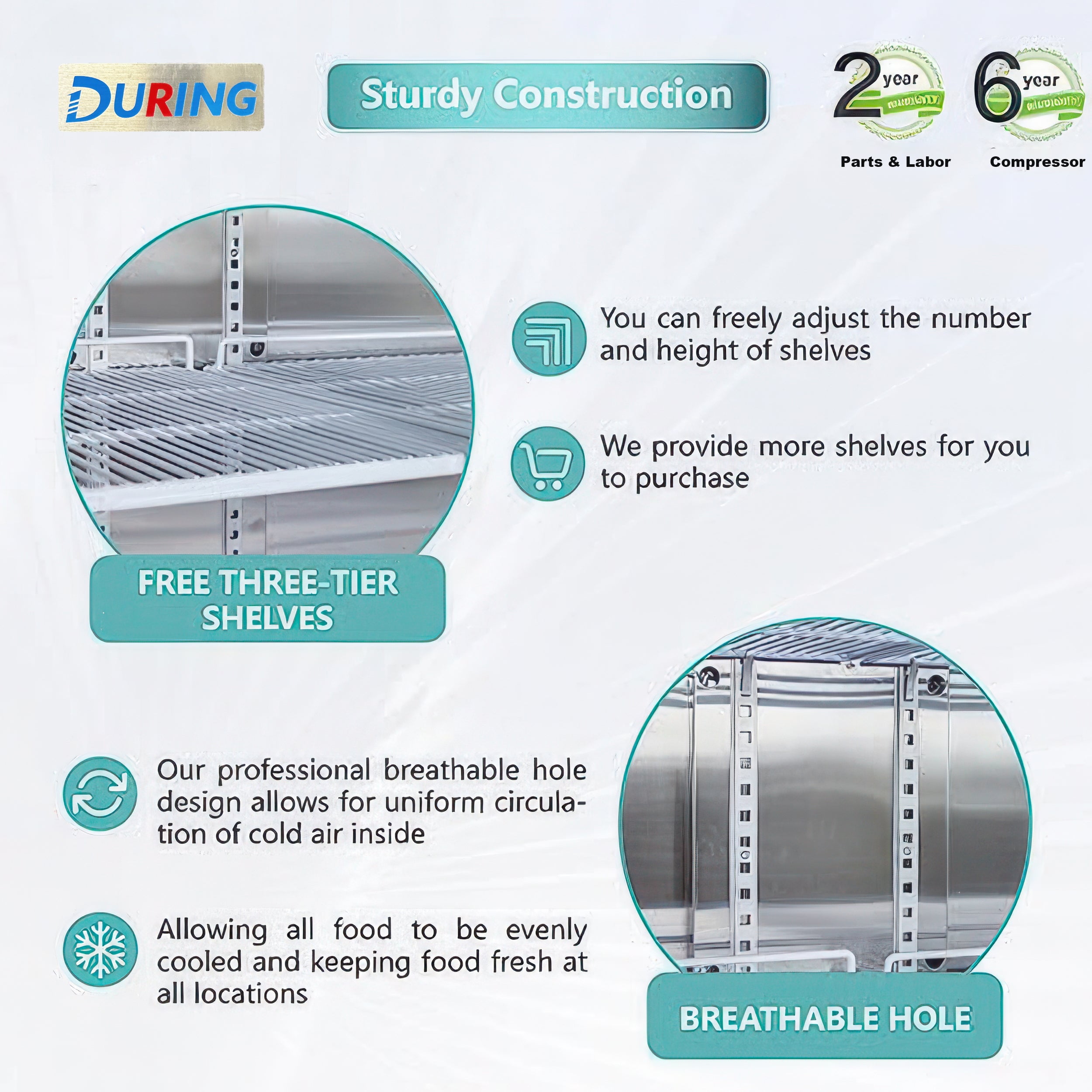 DURING D-K-72R 72" Stainless Steel 3-Door 54 Cu ft Solid Commercial Reach-In Refrigerator