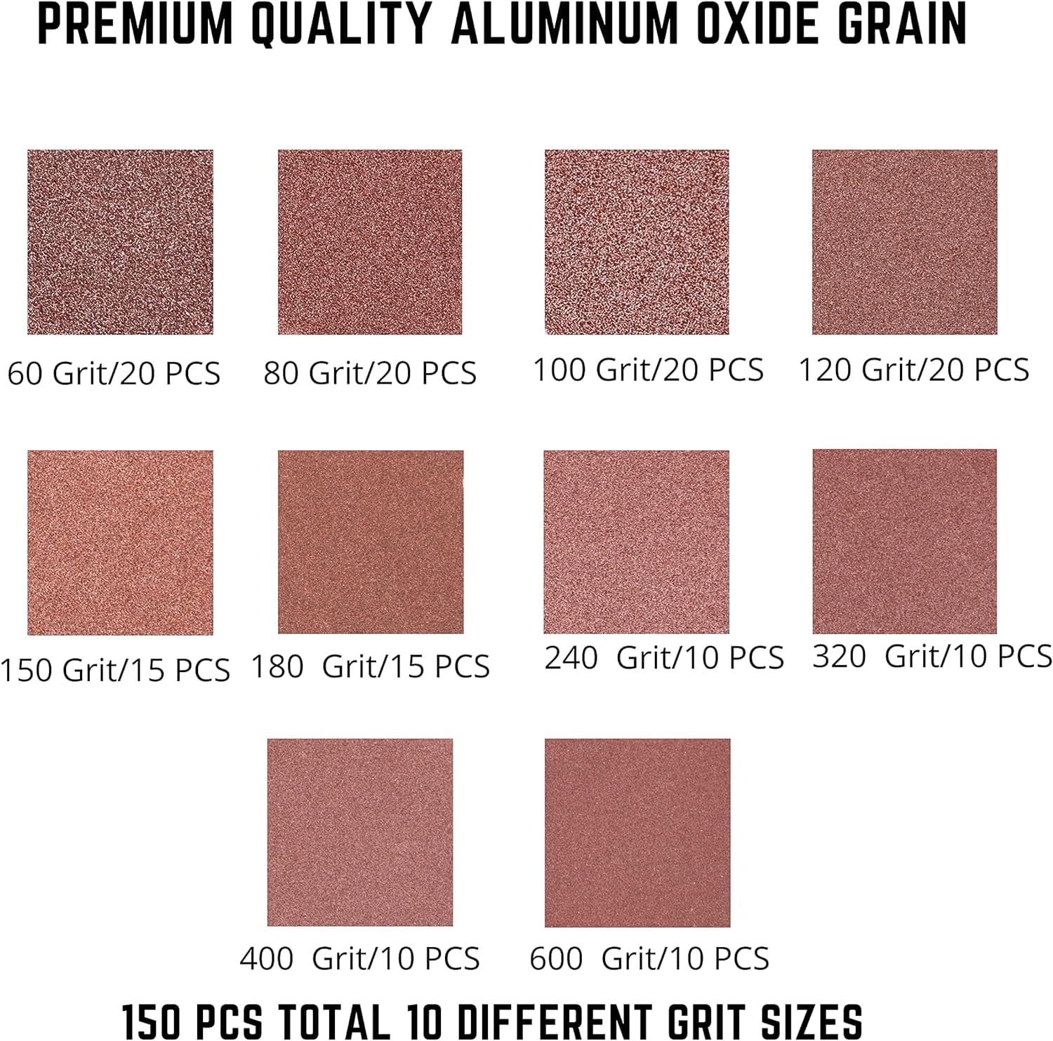 NEIKO 11271A 150 Piece Sanding Discs for 5” Orbital Sander, Hook and Loop, Sandpaper with 60, 80, 100, 120, 150, 180, 240, 320, 400, 600 Grit, Premium Aluminum Oxide, Solid Surface Sanding Pads