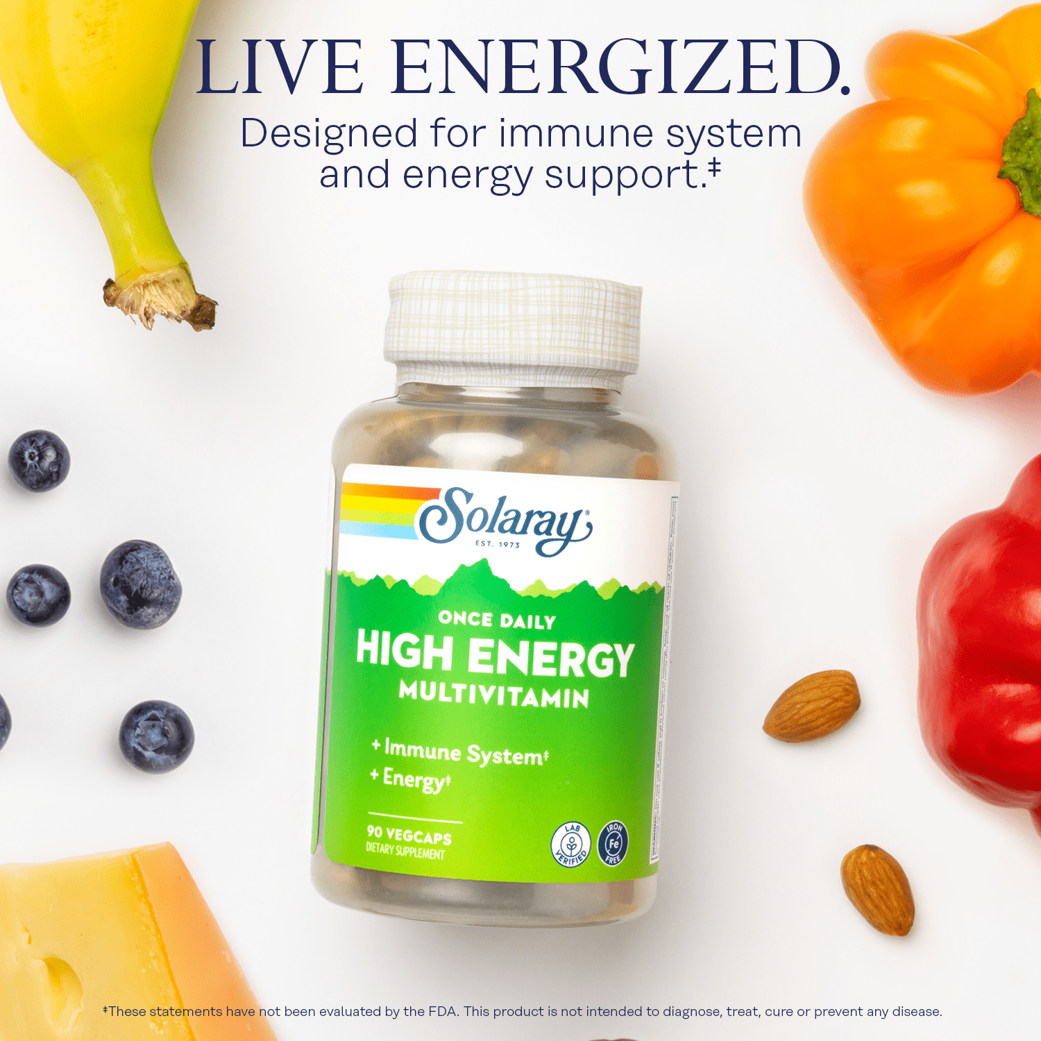 Solaray Once Daily High Energy Multivitamin, w/ No Iron | Complete Multi w/ Whole Food & Herb Base | Non-GMO | 90 VegCaps