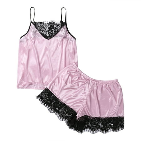 

Women Sexy 2PCS Lingerie Set Loose Solid Color Sling Hollow Lace V-Neck Top Short Elastic Band Pants Summer Sleepwear Set