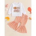 thumbnail image 3 of Toddler Baby Girl Thanksgiving Outfits 6 12 18 24 Months 2T 3T 4T Letter Turkey Print Crew Neck Long Sleeve Sweatshirts and Plaid Flare Pants 2Pcs Clothes Set, 3 of 9