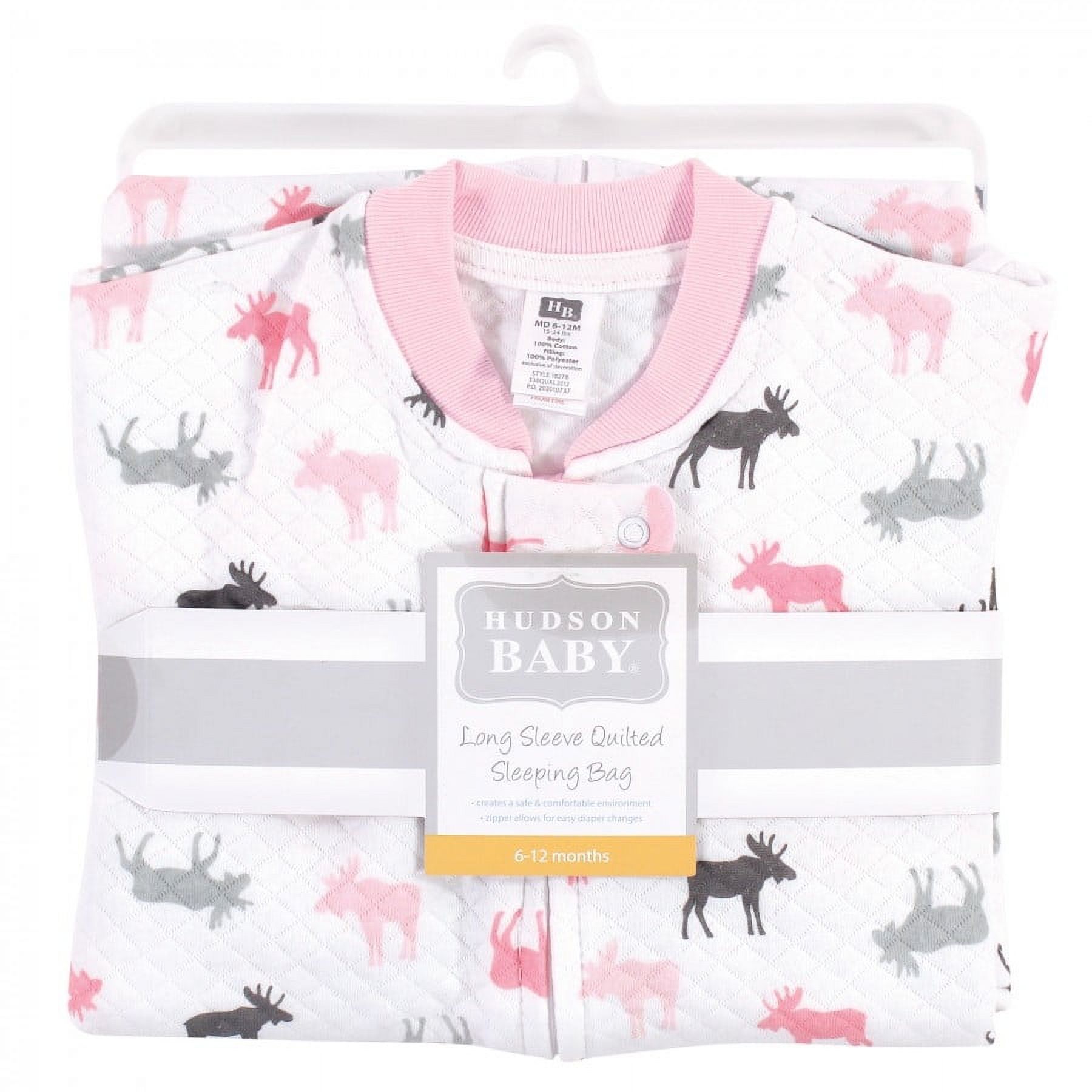 Hudson Baby Infant Girl Premium Quilted Long Sleeve Sleeping Bag and Wearable Blanket, Pink Moose, 12-18 Months
