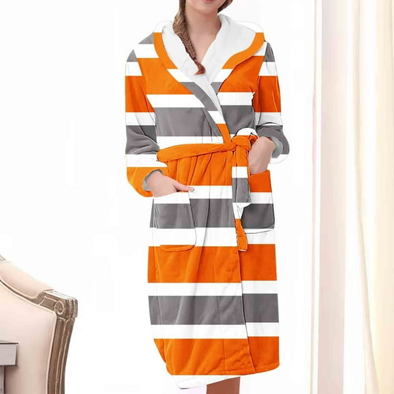 uublik Long Robes for Women Flannel Robes Casual Long Sleeves Robes Winter Woman Bathrobe Nightwear Orange