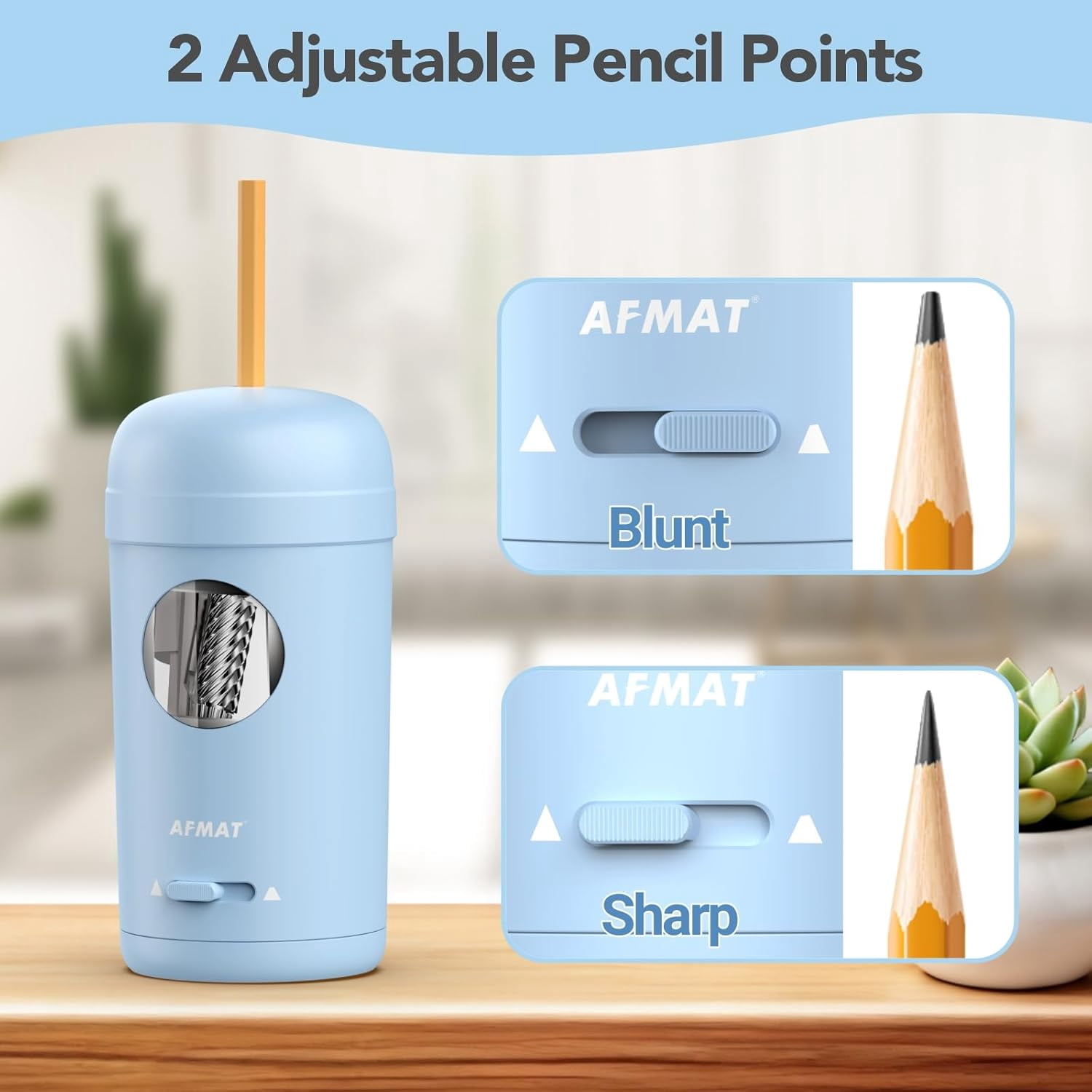 AFMAT Electric Pencil Sharpener, Fully Automatic Pencil Sharpener for 7-8mm Pencils & Colored Pencil, Auto in & Out, Rechargeable Vertical Hands-Free Sharpeners for Classroom/Home/Office,Blue