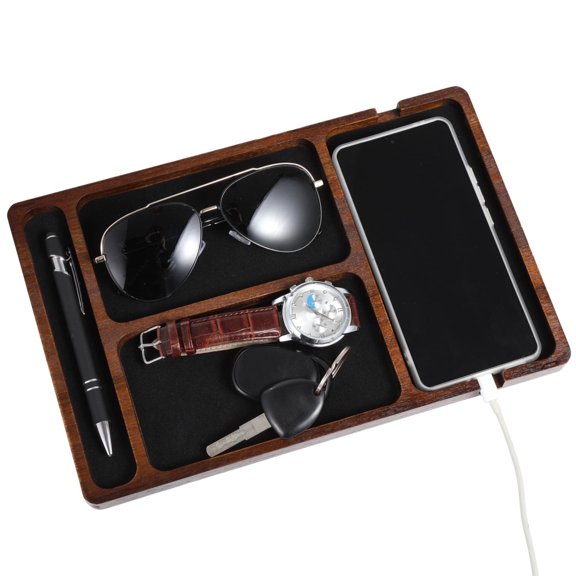 Wood Valet Tray for Men,Dresser Organizer Tray with Black Velvet Lining,Acacia Wood Men's EDC Storage Dish for Nightstand,Desk Tray with Phone and Watch Slots