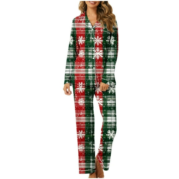Tnhcen Christmas Snowflake Print Women’s Pajamas 2-Piece Long Sleeve Button-Down Pjs Set Soft Elegant Holiday Nightwear Lounge Home Clothes S-3XL