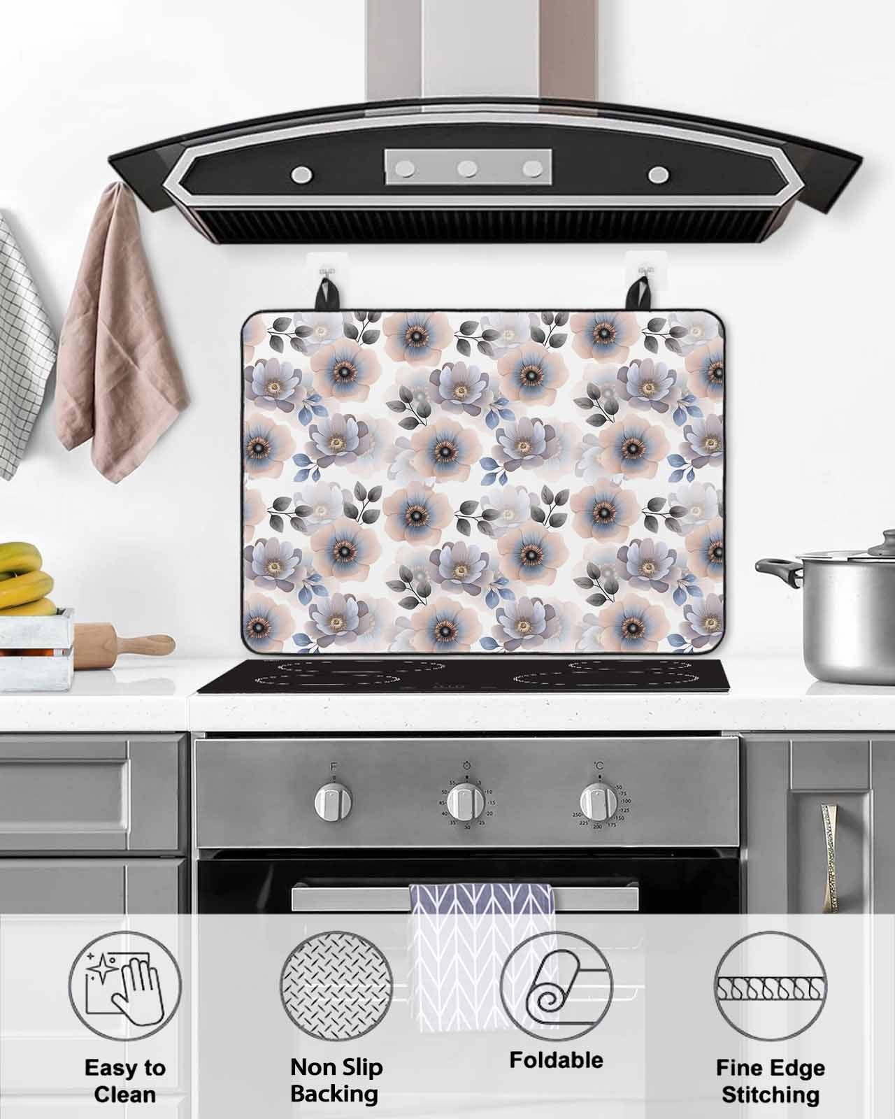 nqOlkjepod Large Induction Cooktop Protector Mat 24"x21", Purple Flowers Stove Top Covers for Electric Stove, Pastoral Pastel Floral Wildflower Leaf Stove Burner Cover Mats, Glass Top Stove Cover