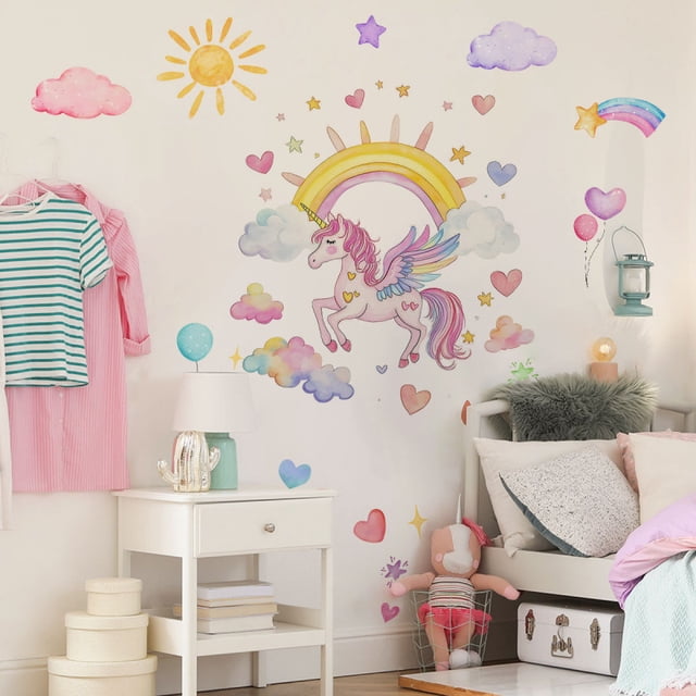 Adhesivos de pared con dibujos animados de unicornio arcoíris, PVC, 30 x 90 cm, 3 hojas