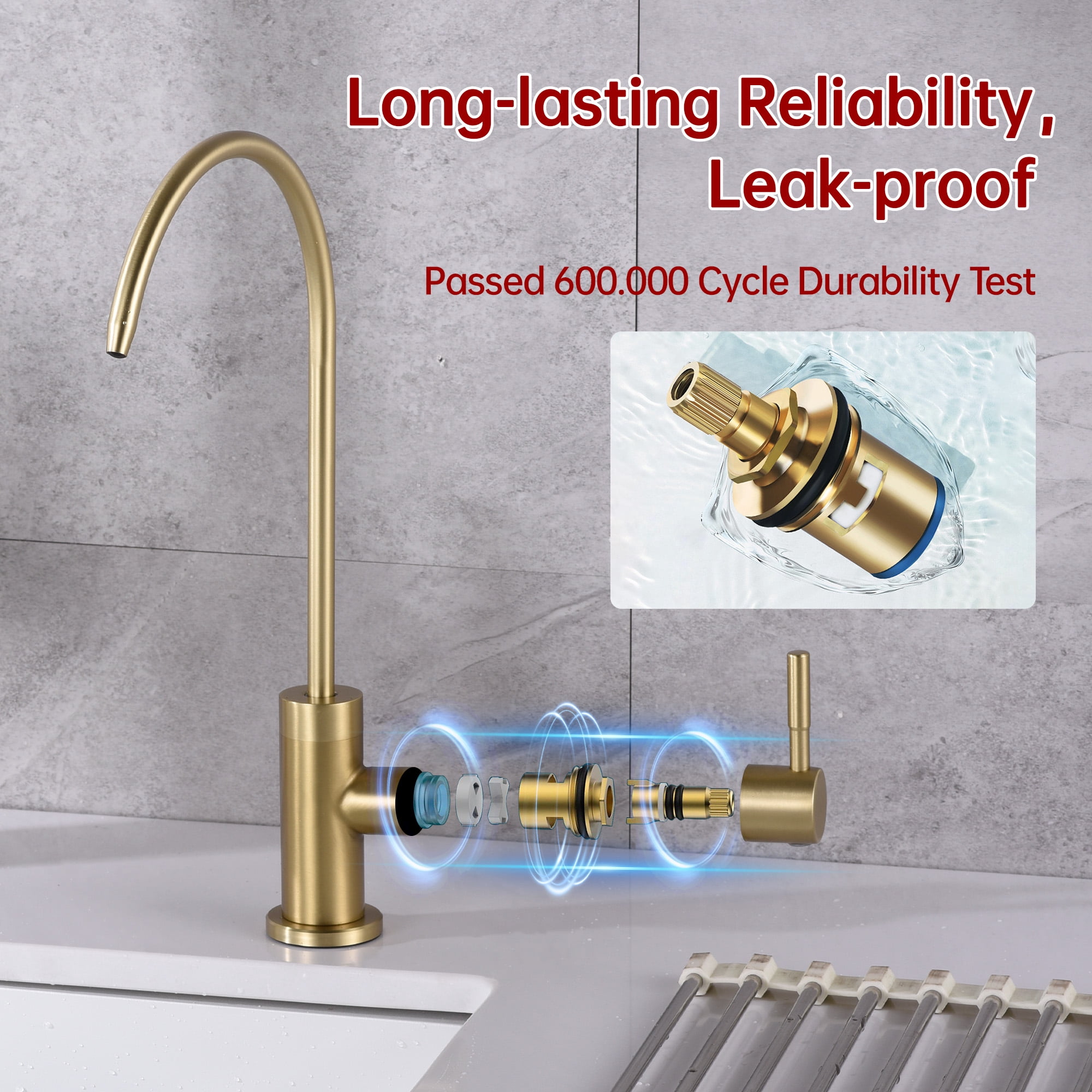 SUMERAIN Drinking Water RO Faucet for Kitchen Sink, 100% Lead-Free Stainless Steel Brushed Gold Purified Filter Faucet