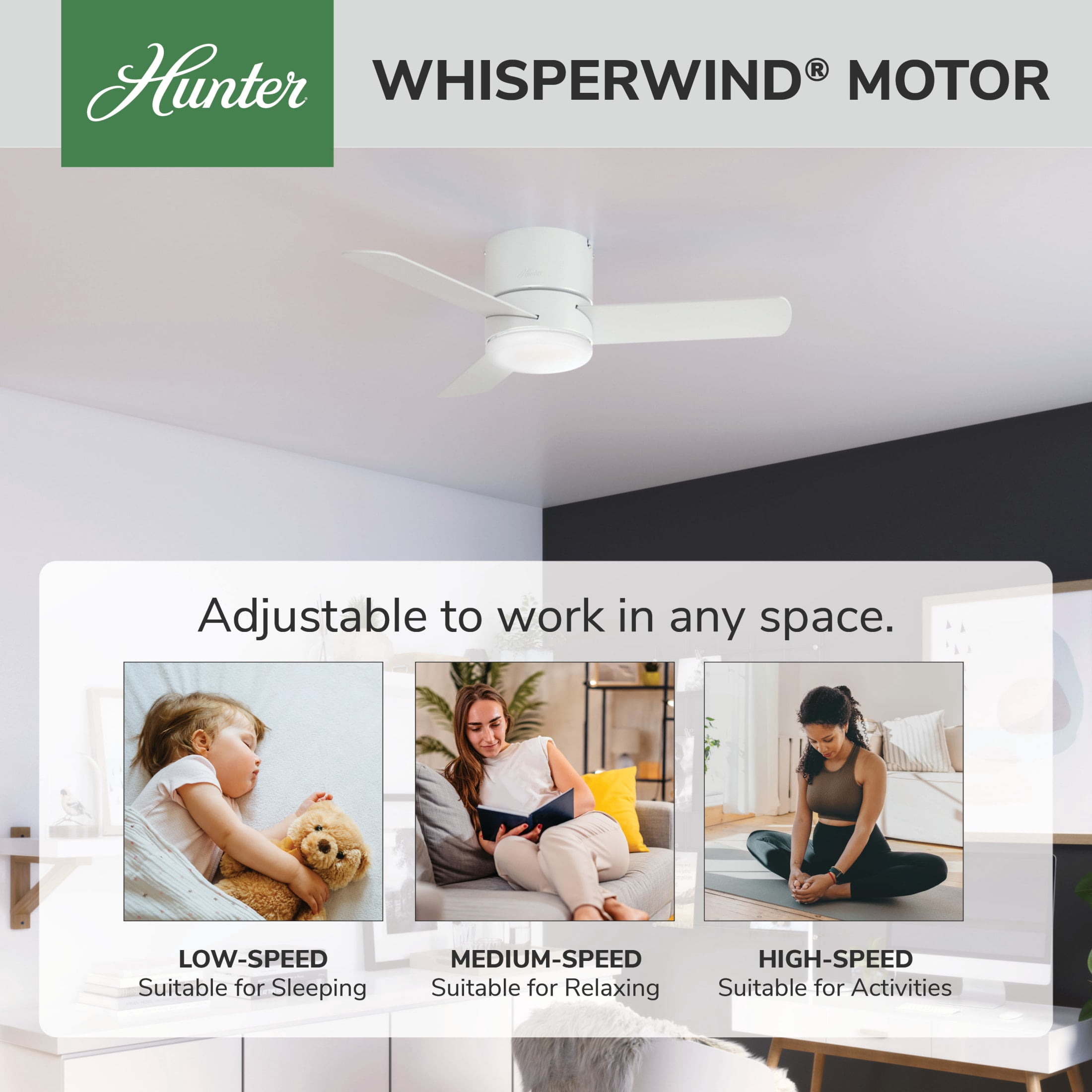 Hunter - Minimus Indoor Low Profile Ceiling Fan With Light, Remote, 44-inch, Fresh White, Casual-style, 3-speed WhisperWind Motor, 59452, for Living Rooms, Bedrooms