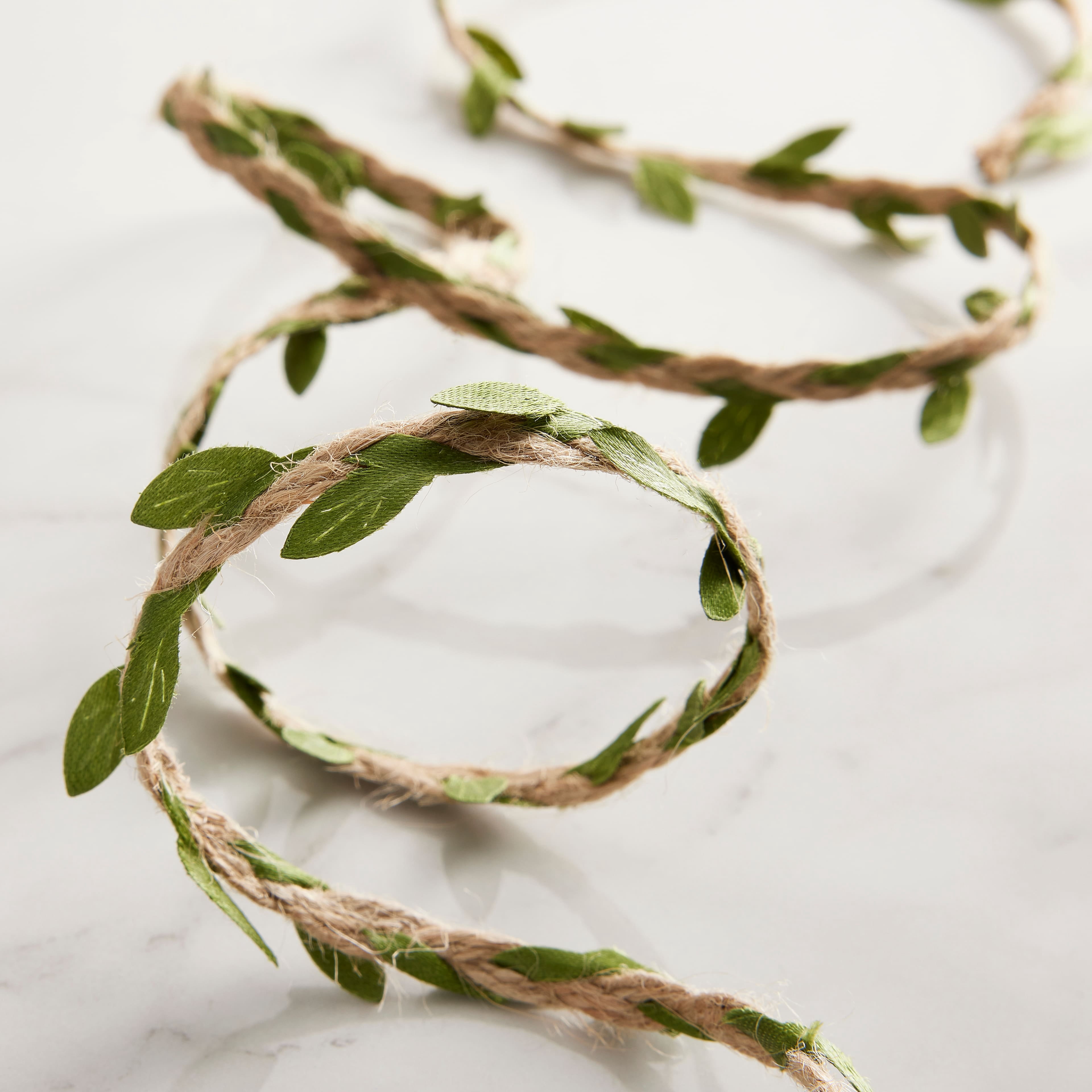 1/4" x 7yd. Brown Jute with Green Leaves Ribbon by Celebrate It – Braided Non-Wired Jute & Polyester - Ideal for Gift Wrapping - Baskets & Rustic Decor - 12 Pack