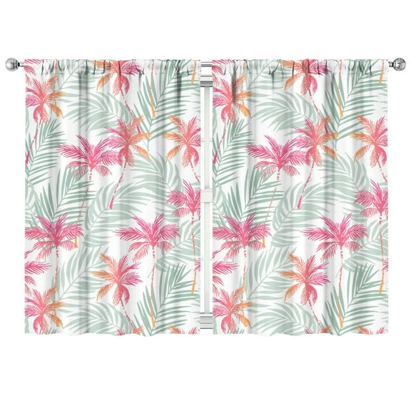 Hawaiian Palm Leaf Kitchen Curtains 2 Pack - 42x63 Inch Exotic Botanical Print, Semi-Sheer Tier Curtains with Rod Pocket