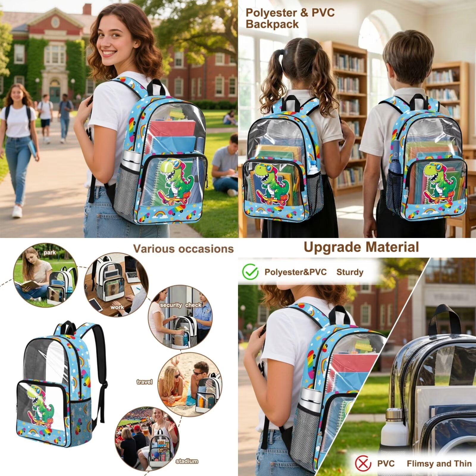 Xixirimido Cartoon Dinosaur Rainbow Stars Print 3Pcs Set Clear PVC Backpack with See Through Transparent Lunch Bag Pencil Case 3 in 1 School Bag Set Boys Girls Bookbag for School Stadium