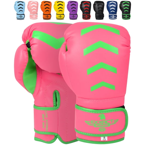 Exxact Sports Knockout Youth Boxing Gloves for Kids (3-15 Years) with Padded Protection and Wrist Support, Durable Engineered Leather Kids Boxing Gloves for Sparring (Pink/Green, 4 OZ)