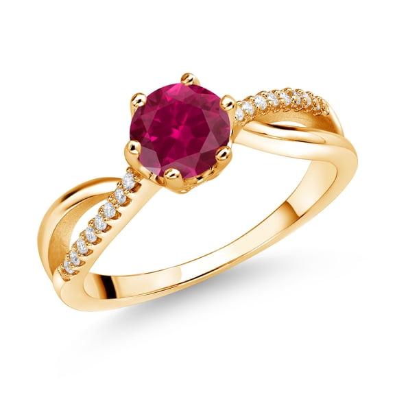 Gem Stone King 18K Yellow Gold Plated Silver Ring Round Created Ruby and Moissanite (1.08 Cttw) (Size 5)