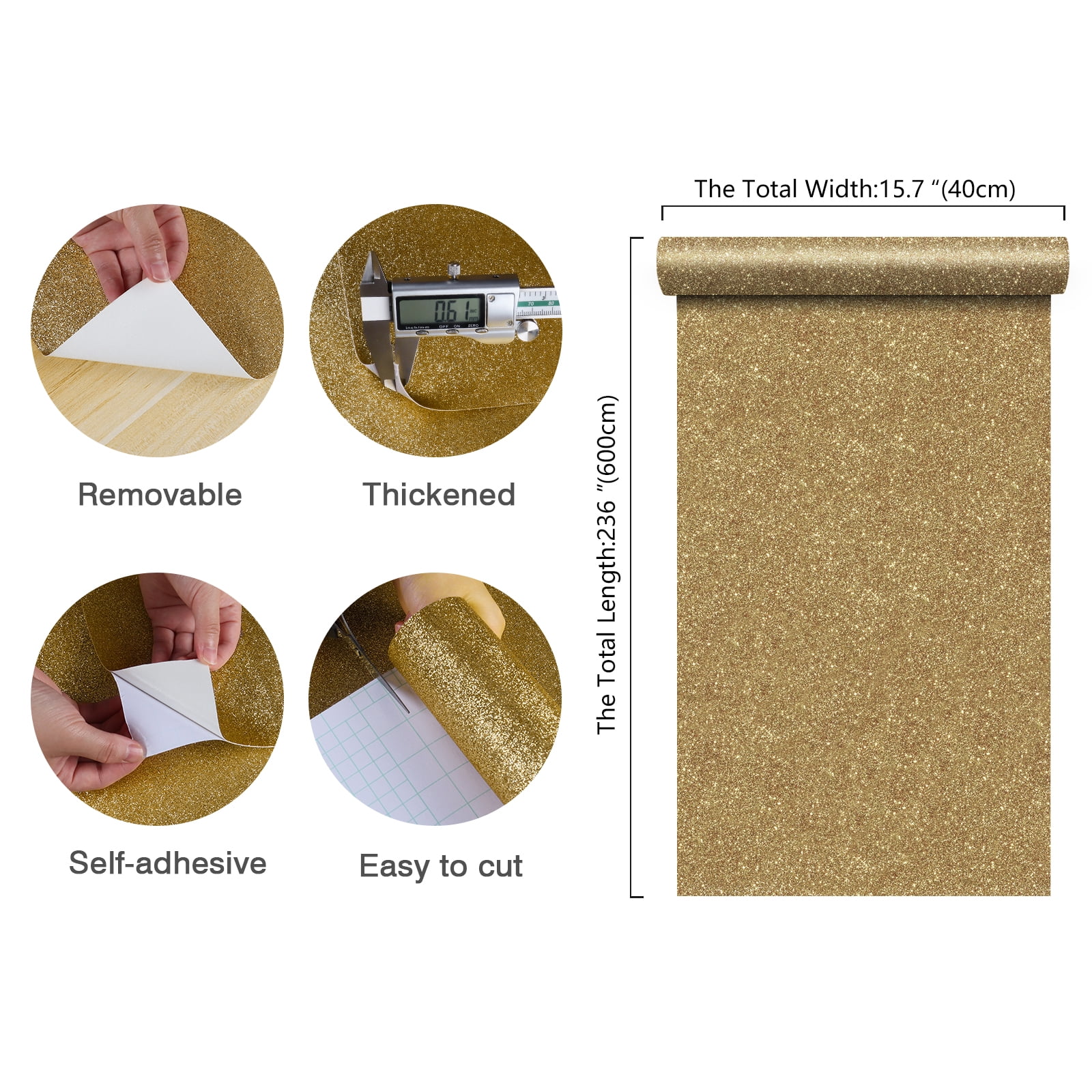 CHIHUT Champagne Gold Glitter Contact Paper for Bedroom Peel and Stick Glitter Wallpaper for Countertops Waterproof Self Adhesive Wall Paper Decorative Vinyl Roll for Kitchen Cabinets 15.7"x236"