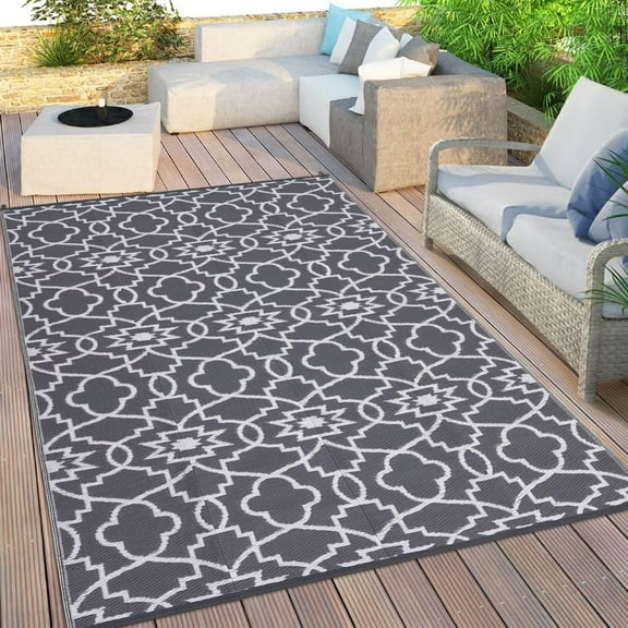 Outdoor Camping Rug for Patio 8x10/9x12/9x18 Stain-Resistant Modern Plastic Straw Rugs with Geometric Floral Pattern, UV-Resistant Reversible Mat for Picnic, RV, Porch, Deck