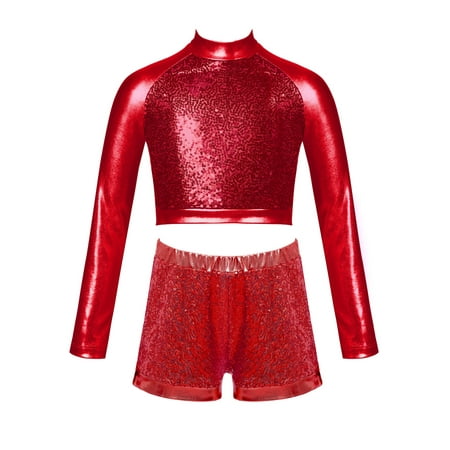 Alvivi Kids Girls 2 Piece Hip-Hop Dance Outfit Long Sleeve Metallic Crop Top with Shorts Streetdance Gym Dancewear Red 16