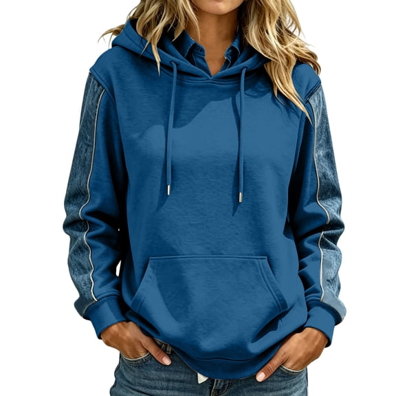 Perfectbot Women's Drawstring Hoodie, Relaxed Patchwork Sleeve Pullover Sweatshirt with Kangaroo Pocket