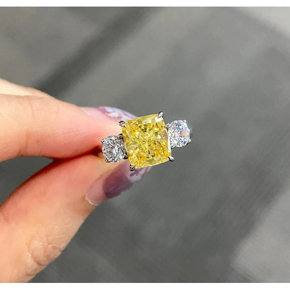 4 Ct Cushion Cut Yellow Sapphire & Diamond Wedding Ring 14K White Gold Plated