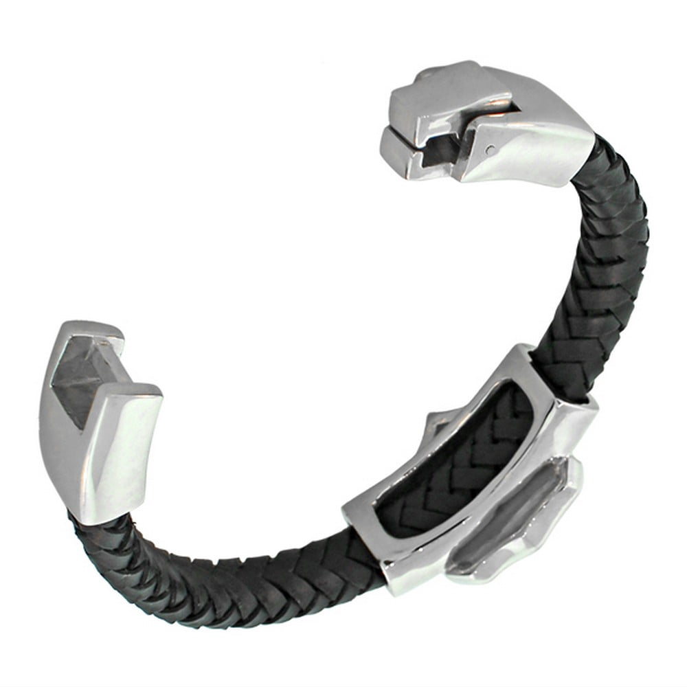 Stainless Steel Black Leather Silver-Tone Skull Men's Bracelet