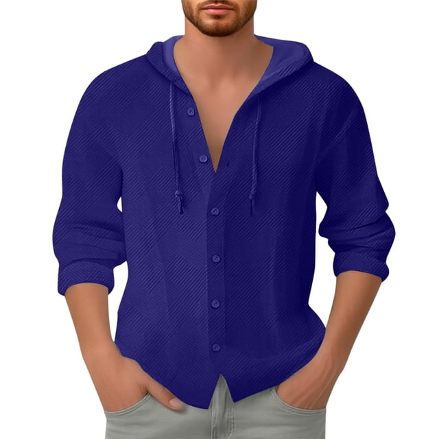 Men Spring Jacket Cardigan with Hooded Long Sleeve Button Front Jacquard Weave Solid Tone Casual Shirt