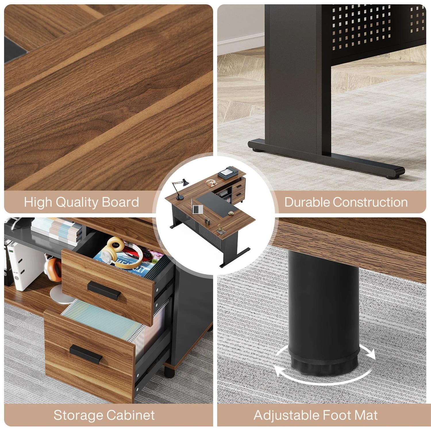 Demi Bonn 63" L-Shaped Computer Desk with File Cabinet and 2 Drawers, Corner Office Desk Study/Writing Table for Home Office Gaming, Beige & Black