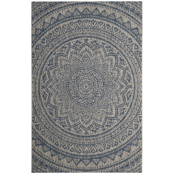 SAFAVIEH Courtyard Josiah Floral Medallion Indoor/Outdoor Area Rug, Light Grey/Blue, 5'3" x 7'7"