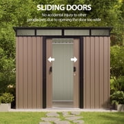 Lofka 8x6 FT Outdoor Storage Shed with Lockable Sliding Doors & Sloping Roof Metal Garden Tool Shed for Backyard, Light Brown