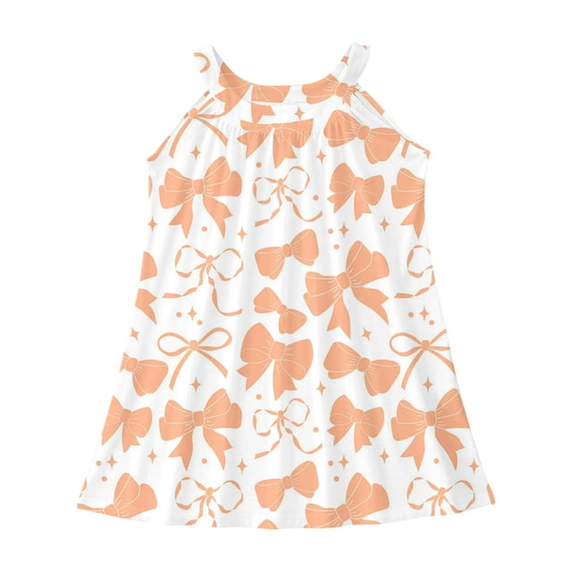 Robe d'Été Sans Manches pour Fille, Imprimé Nœud Papillon, Col Rond, Rose, Plage, Usage Quotidien, Taille 5-6 Ans