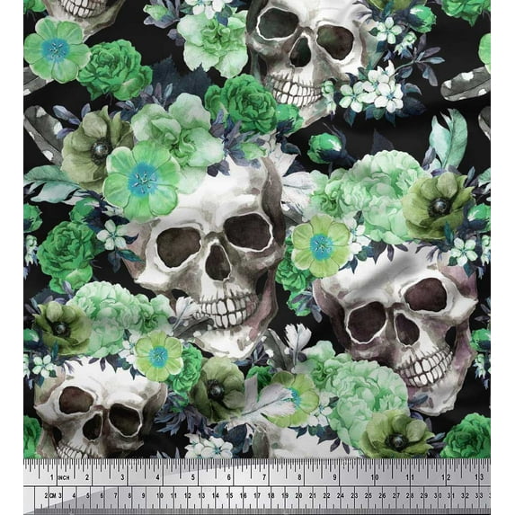 Soimoi Rayon Crepe Fabric Skull,Rose & Anemone Flower Print Sewing Fabric Yard 46 Inch Wide