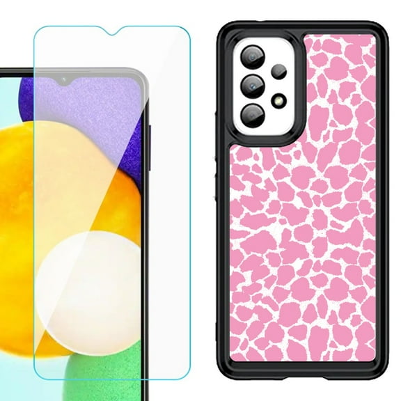 Shockproof Bumper (Black Frame) phone Case for Samsung Galaxy A23 5G, with Tempered Glass Screen Protector, by OneToughShield ® - Giraffe/Pink