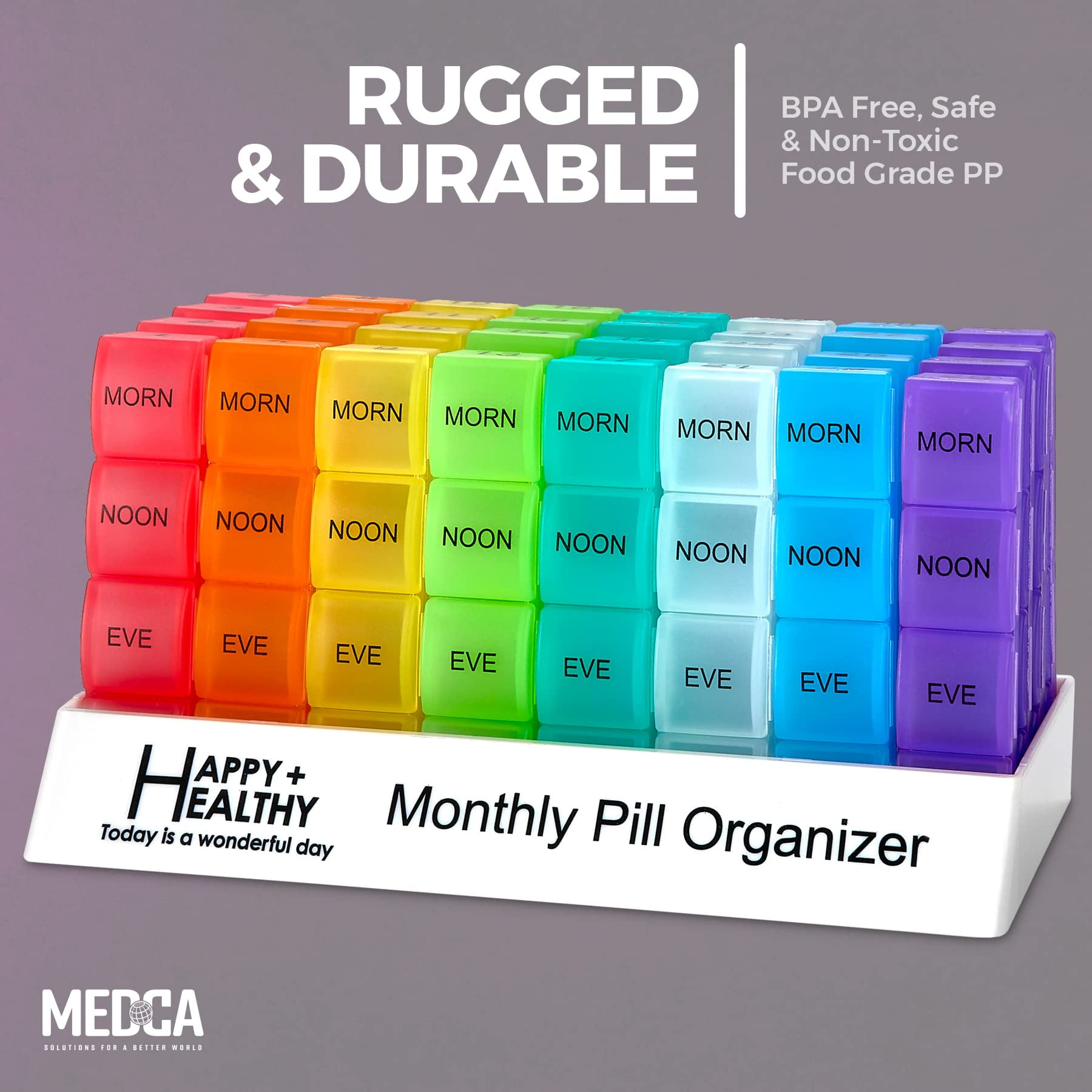 MEDca Monthly Pill Organizer - 32 Daily Cases, 4 Times a Day, Rainbow
