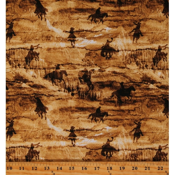 Cotton Cowboy Culture Horses Cowboys Fields Lassos Western Brown Cotton Fabric Print by the Yard (3333-35) D364.63