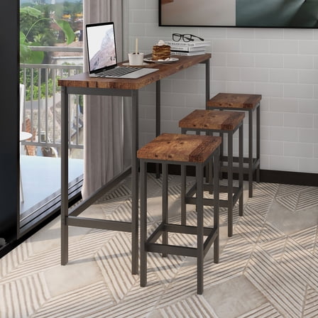 Counter Height Extra Long Dining Table Set with 3 Stools Pub Kitchen Set Side Table with Footrest,Brown